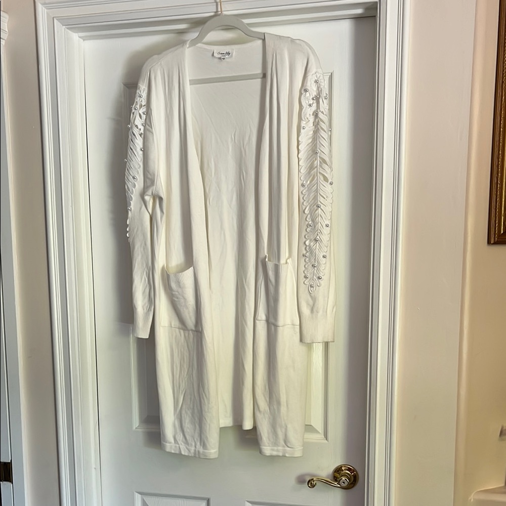 Siren Lily long cardigan. White. 3x. Pearl embellished cut out sleeves.